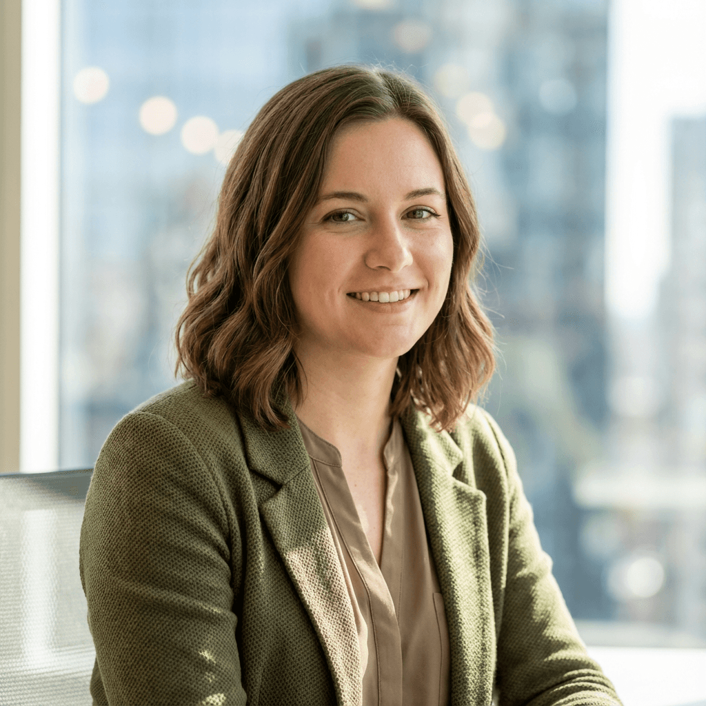 Female job seeker in her early 30s, White, smiling confidently in a bright office setting