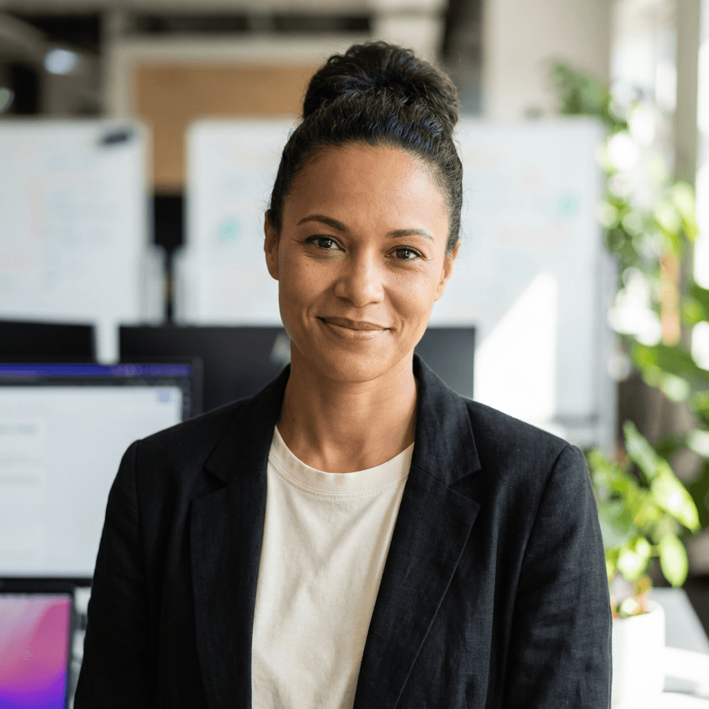 Marie-Claude Bélanger souriant dans un atelier industriel lumineux