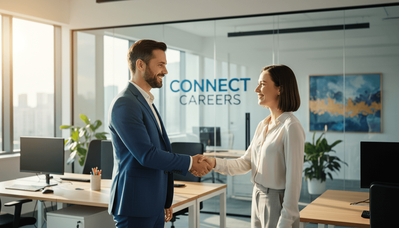 Consultante en recrutement serrant la main d'un candidat souriant dans un bureau lumineux et moderne