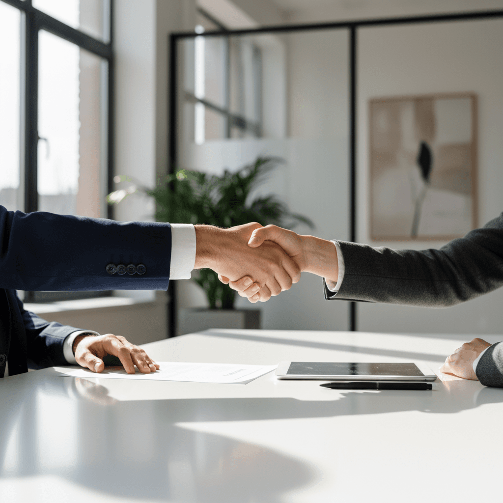 Gestionnaire serrant la main d'un nouvel employé dans un environnement de bureau moderne et décontracté