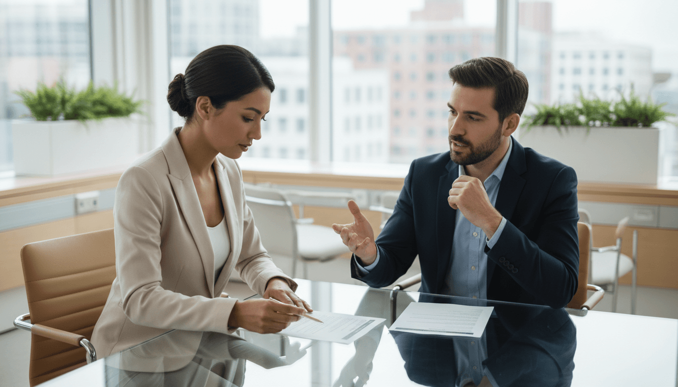 Recruteur discutant avec un candidat dans un bureau lumineux et moderne