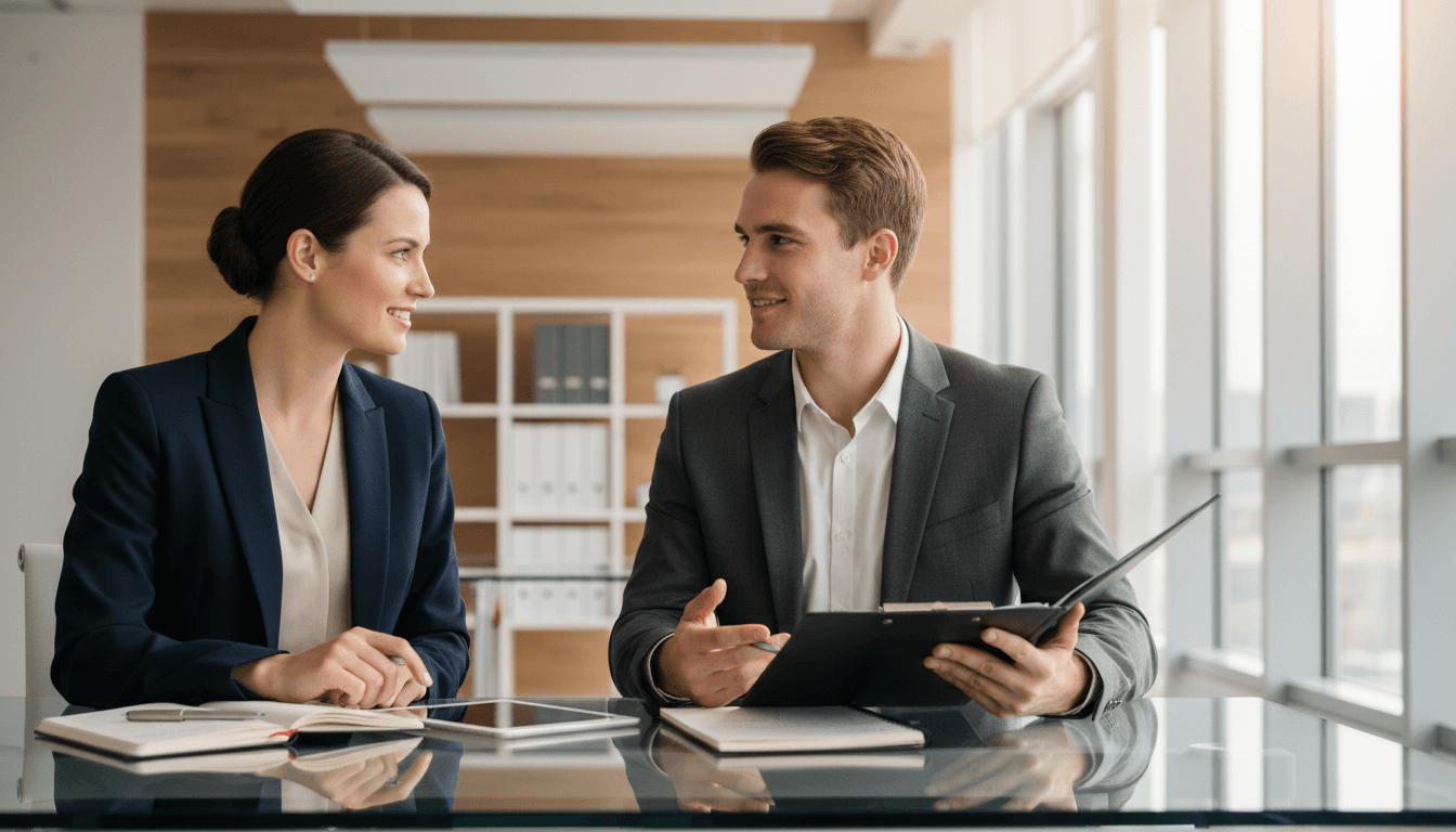 Conseiller en recrutement discutant chaleureusement avec un chercheur d'emploi dans une salle de réunion lumineuse