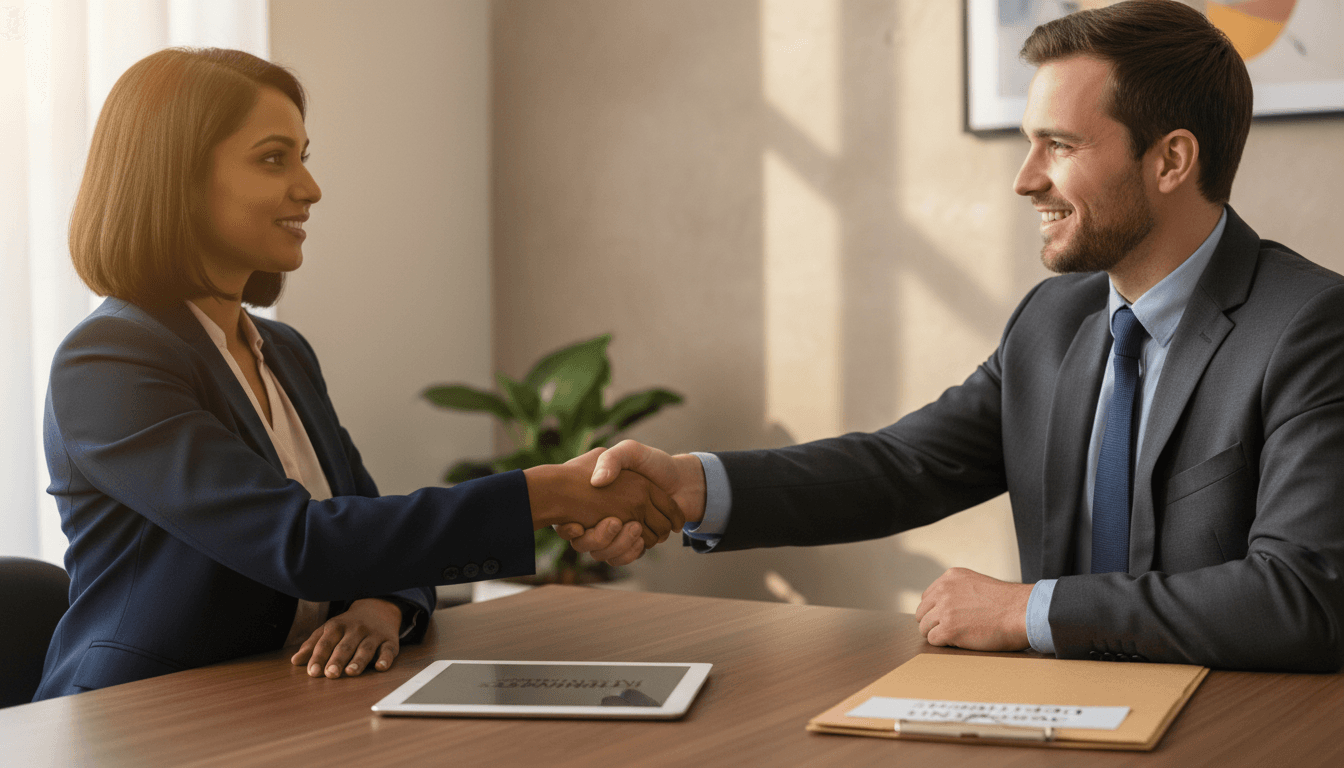 Consultant Nova ressources serrant la main d'un chercheur d'emploi dans un bureau lumineux